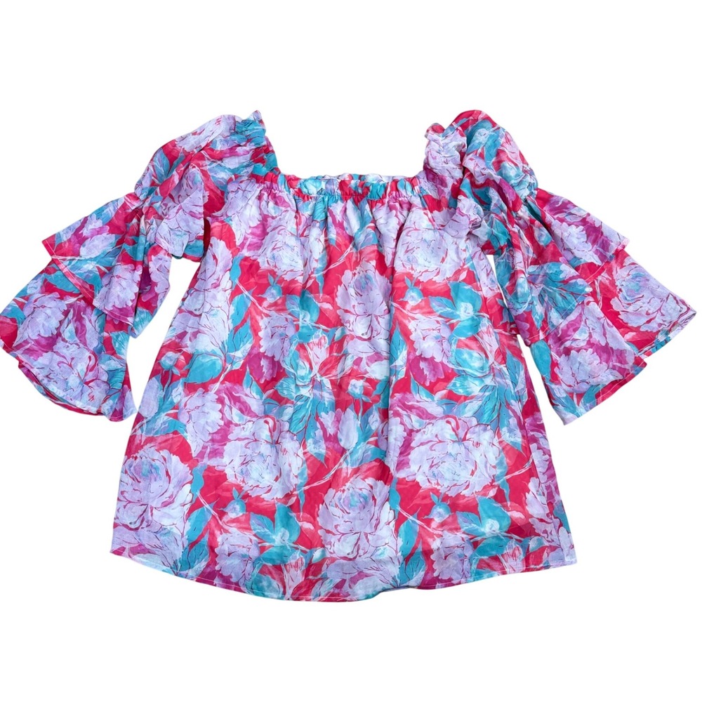 Pink Lily Pink Floral Ruffle Sleeve Blouse Women Medium Cottage Romantic Boho